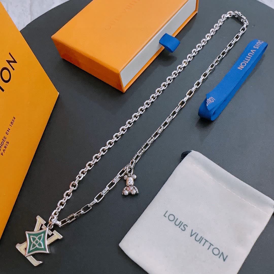Louis Vuitton Silver Chain Necklace with LV Logo and Bear Charm